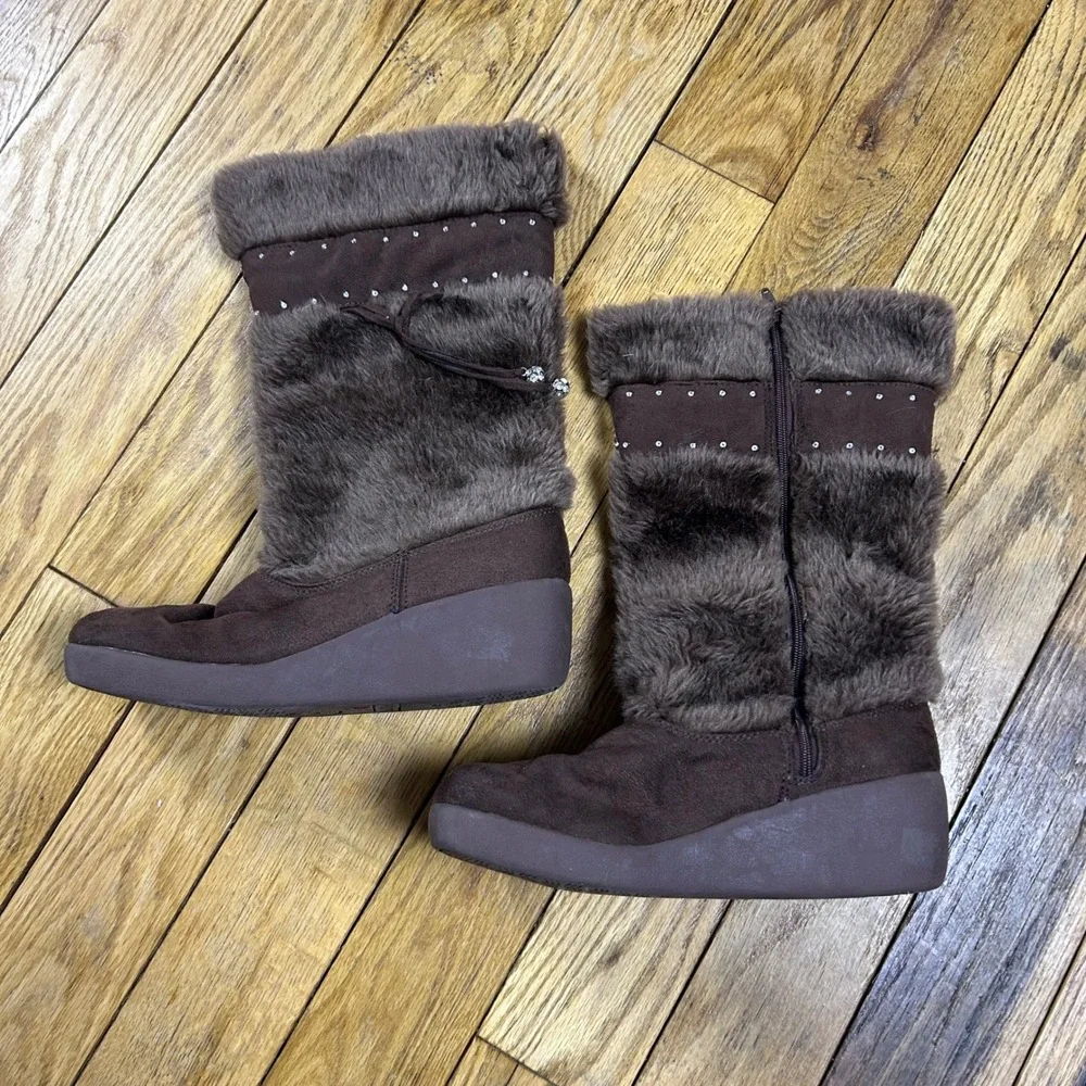 Y2K Limited Too Brown Faux Fur Wedge Boots Rhinestone Zip Up Size Unknown